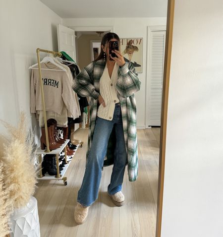 A cozy comfy casual look -- oversized plaid flannel jacket paired with denim jeans and a cream sweater cardigan 

Ugg outfit | comfy outfits | errand outfit | casual outfit ideas 

#LTKfindsunder50 #LTKSeasonal #LTKstyletip