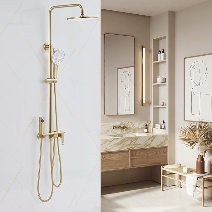 VAKITAP Upgraded Exposed Pipe Shower System Brushed Gold, 4-Function Exposed Shower Faucet Set wi... | Amazon (US)