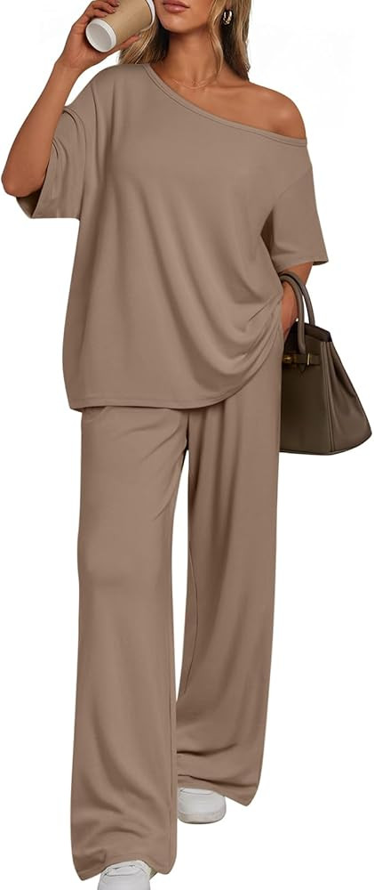 Trendy Queen Womens 2 Piece Lounge Sets Off Shoulder Oversized Tshirts & Wide Leg Pants Outfits | Amazon (US)