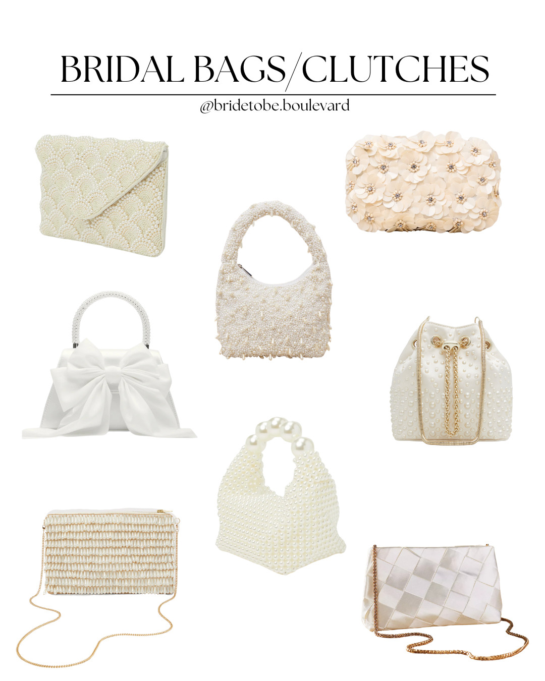 💍 The Perfect Bridal Bags 💍 From dainty pearls to statement bows and gold accents, these clutches are the perfect finishing touch for every bridal event—bachelorette, bridal shower, rehearsal dinner, and the big day! ✨ Elegant, timeless, and made to shine. #BridalAccessories #WeddingStyle #BrideToBe #LTKBridal 

 #LTKParties #LTKStyleTip #LTKWedding