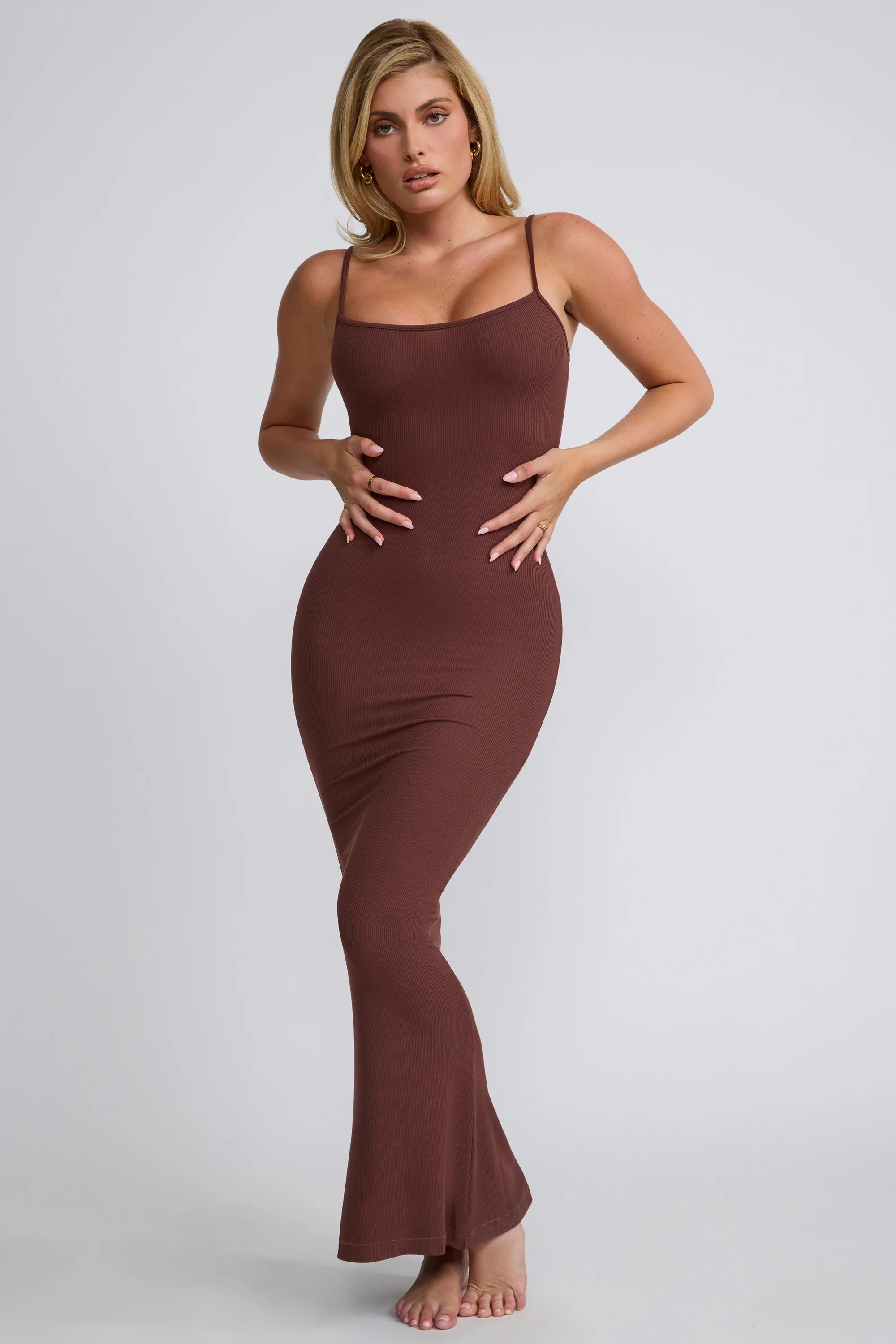 Ribbed Modal Square Neck Maxi Dress in Chocolate | Oh Polly