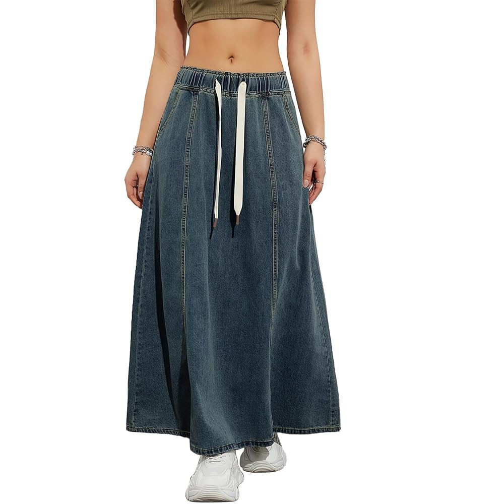 Womens Denim Skirt Casual High Waist Paperbag Elastic A Line Long Maxi Flare Skirt Summer Beach J... | Amazon (US)