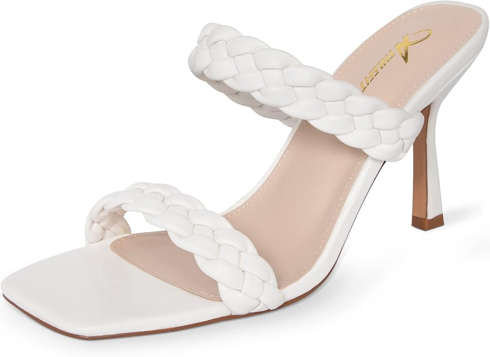 Athlefit Women's Braided Heels Square Toe Mules Slip On Braided Sandals Stiletto High Heels | Amazon (US)