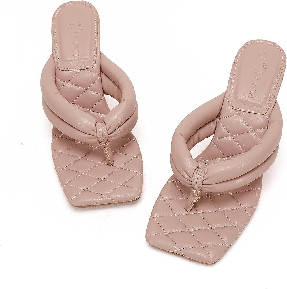 Women's Square Open Toe Heeled Sandals Quilted Woven Leather Thong Flip Flops Slip On Low Kitten Hee | Amazon (US)