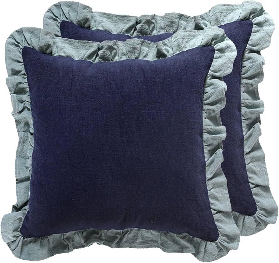 patdrea Blue Shabby Chic Decorative Throw Pillow Covers 22x22 Set of 2,Farmhouse Linen Pillow Cov... | Amazon (US)