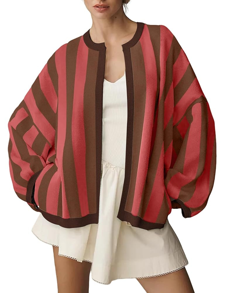 Women's Casual Loose Fit Striped Cardigan Long Balloon Sleeves Open Front Knit Sweater | Amazon (US)