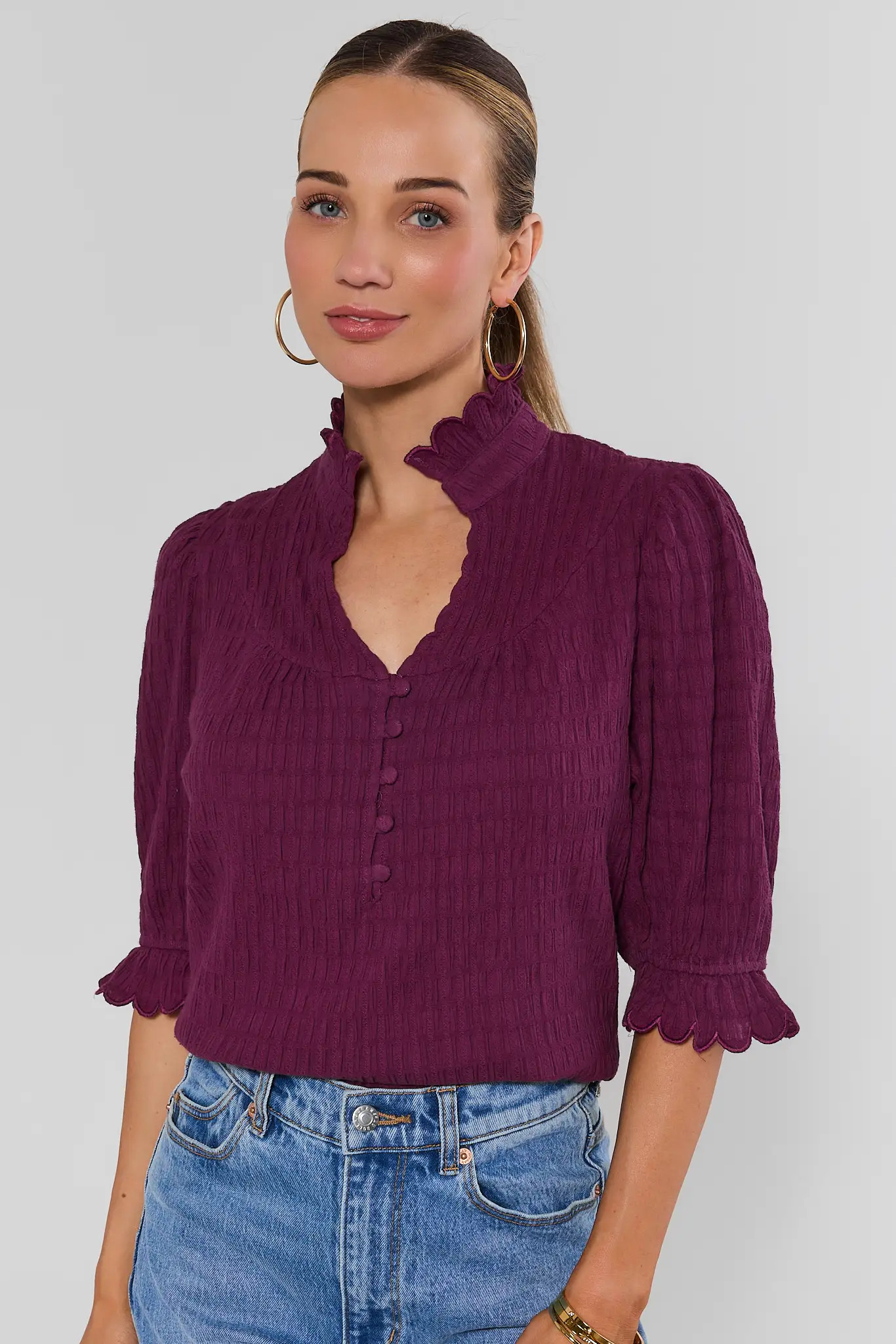 Hailey Plum Ruffle Trim Top | Avara