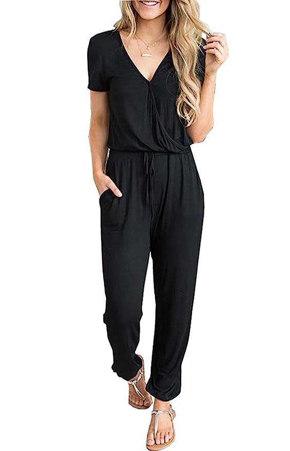 PRETTYGARDEN Women’s Sexy Deep V Neck Short Sleeve Wrap Drawstring Waist Jumpsuit Romper with P... | Amazon (US)