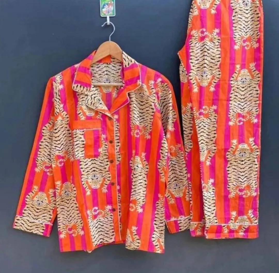 Tiger Print Cotton Pajama Set: Indian Bohemian Sleepwear | Etsy (US)