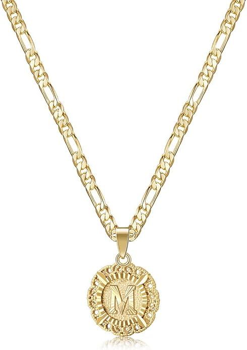 KissYan Initial Necklace For Women Girl,14K Gold Plated Round Letter Pendant Necklace Capital Mon... | Amazon (US)