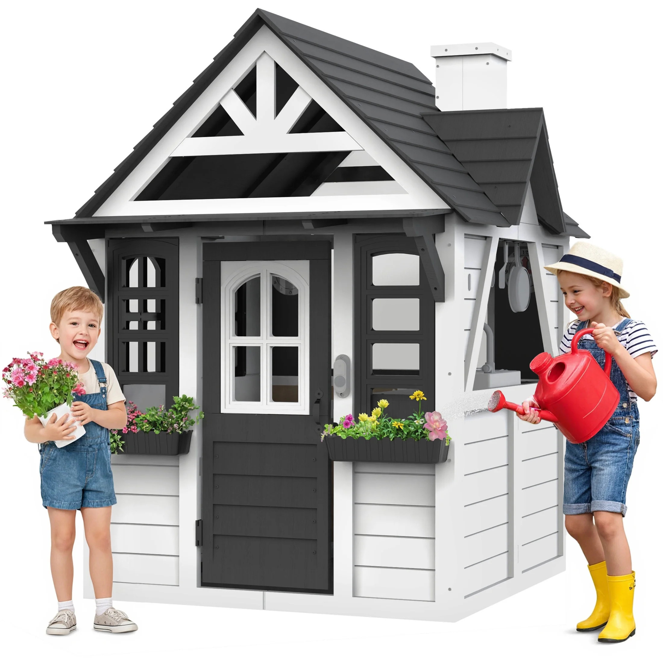 COCLUB Outdoor Playhouse for Kids Ages 4-8, Wooden Play House with Doorbell, Phone, Kitchen Toys,... | Walmart (US)