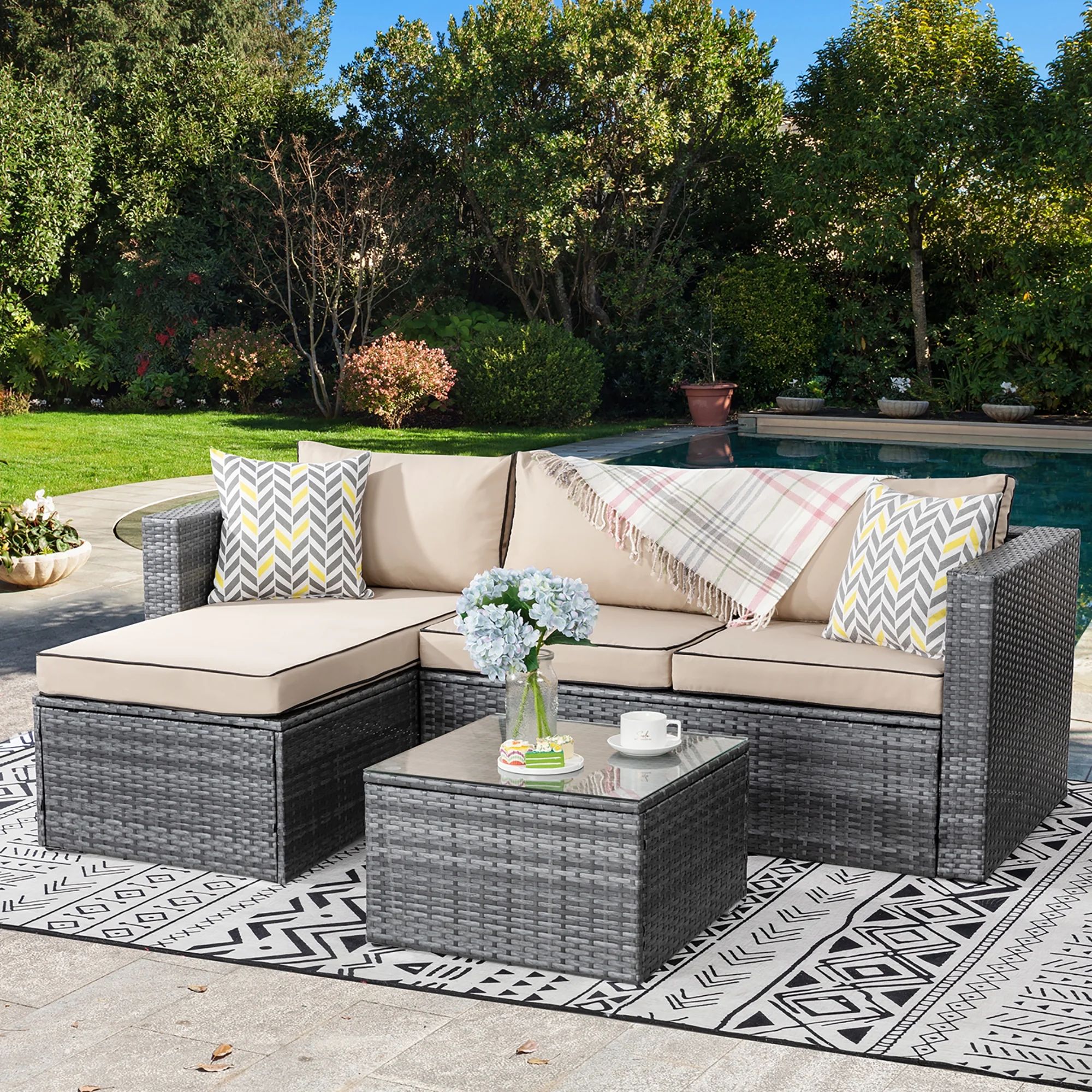 Walsunny 3 Piece Khaki Outdoor Furniture Sectional Sofa Patio Set with Silver Gray Rattan Wicker | Walmart (US)