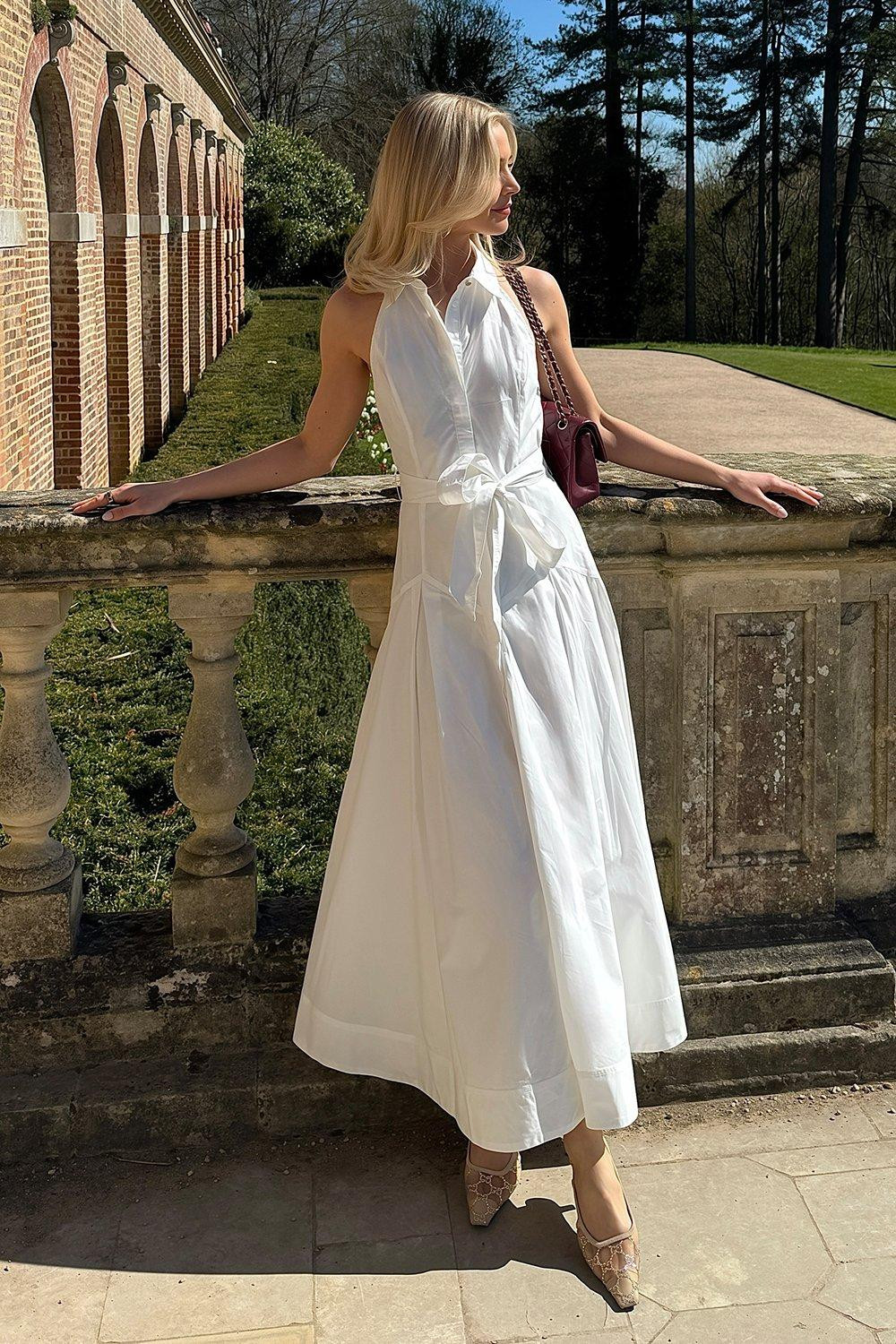 Cotton Collared Halter Neck Woven Midi Shirt Dress With Dropped Waist Detail | Karen Millen | Karen Millen UK + IE + DE + NL