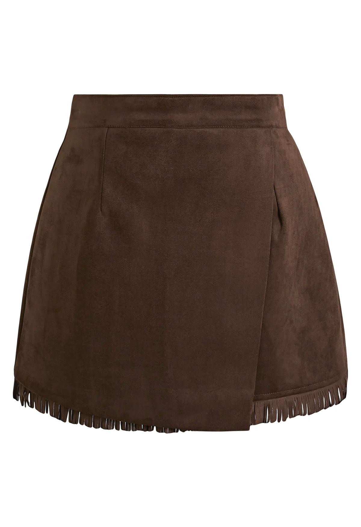 Fringe Hem Front Flap Faux Suede Mini Skirt in Brown | Chicwish
