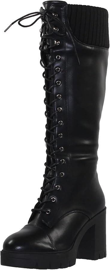 Generation Y Women's Knee High Combat Boots Lace Up Chunky Heel Knitted Cuff Zipper Closure | Amazon (US)