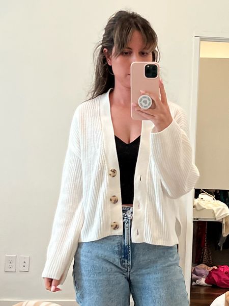 Abercrombie white cropped sweater, jeans, Alice and Olivia cropped black cami, fall weekend outfit, neutral style, classic look, layers

#LTKstyletip #LTKunder100