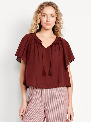 Crinkle Gauze Tassel-Tie Shirred Top | Old Navy (US)