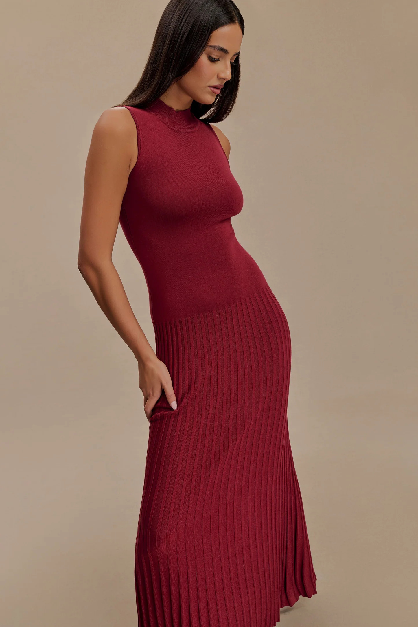Mavis High Neck Pleated Maxi Dress - Mahogany | MESHKI US