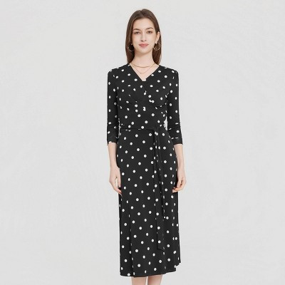 Women's 3/4 Sleeve Midi Wrap Dress - A New Day™ Black Polka Dots XL | Target