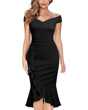 Knitee Women's Off Shoulder V-Neck Ruffle Pleat Waist Bodycon Evening Cocktail Slit Formal Dress | Amazon (US)