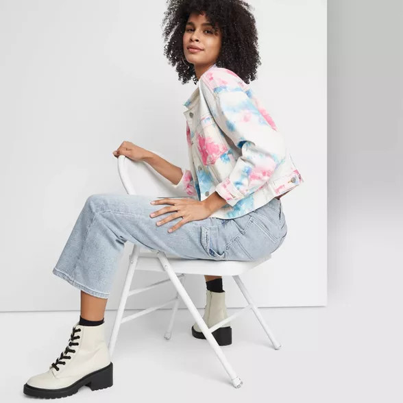 Women's Denim Cropped Jacket - Wild Fable™ Blue/Pink Tie-Dye | Target