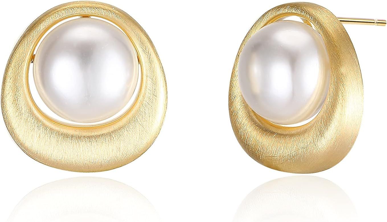 Mytys Pearl Stud Earrings for Women-Oval Shape 14K Gold Plated Stud Earring-Fashion Gold Hypoalle... | Amazon (US)