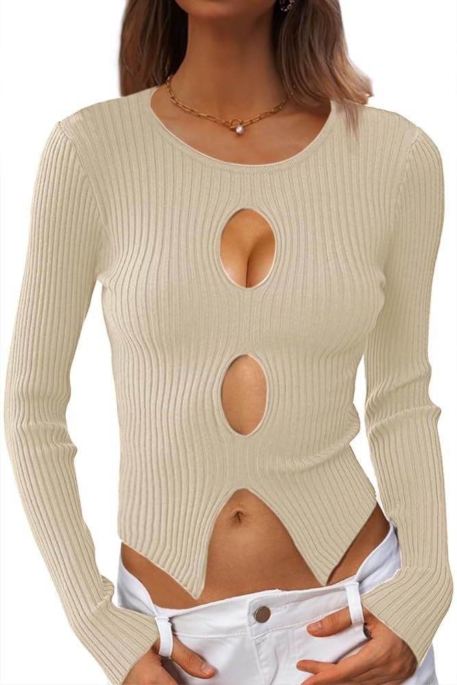 CHYRII Womens Sexy Fall Fashion Cutout Tops Ribbed Knit Winter Pullover Sweater Going Out Crop To... | Amazon (US)