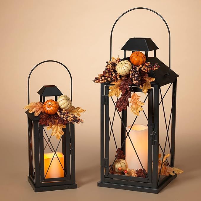 Orchid & Ivy 20-Inch Set of 2 Black Metal Decorative Lanterns - LED Battery Timer Pillar Candles ... | Amazon (US)