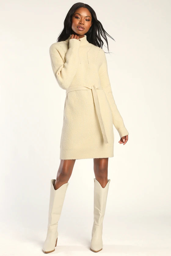 Fireside Love Cream Knit Turtleneck Mini Sweater Dress | Lulus (US)