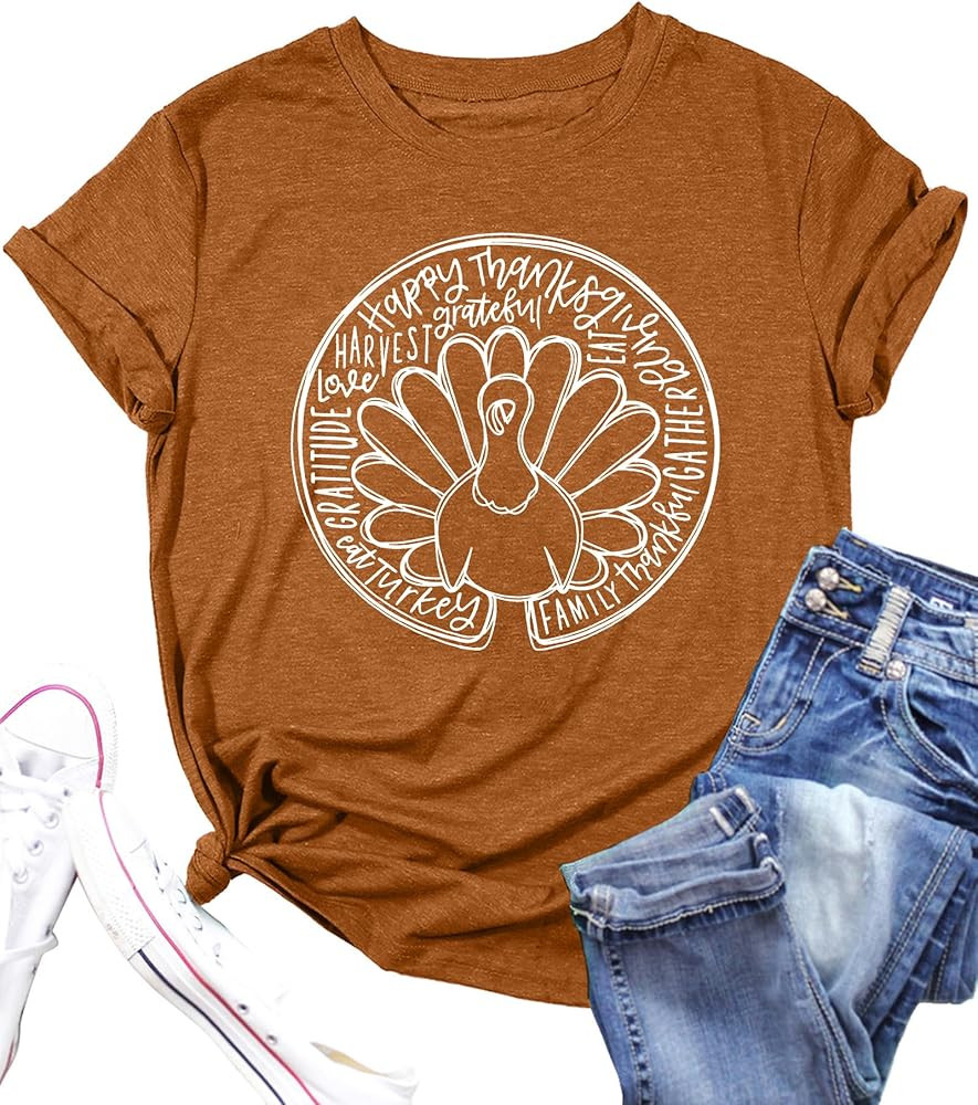 Thanksgiving Shirt for Women Turkey Print T-Shirts Thankful Fall Short Sleeve Tee Tops | Amazon (US)
