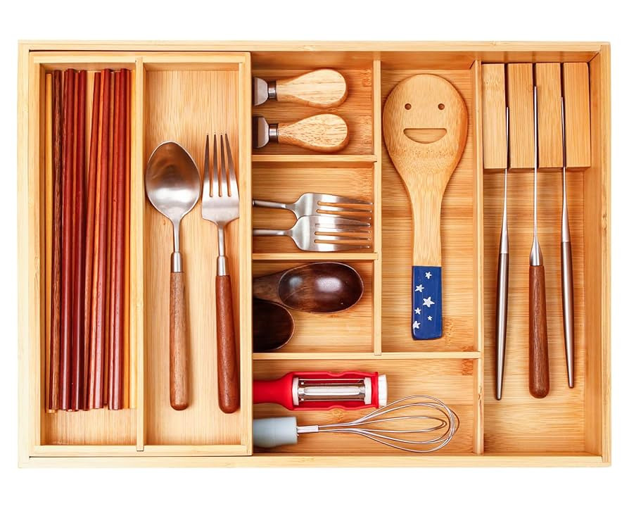 Double layer Bamboo Kitchen Drawer Organizer, Utensil Silverware Organizer, Cutlery Tray, With Sl... | Amazon (US)