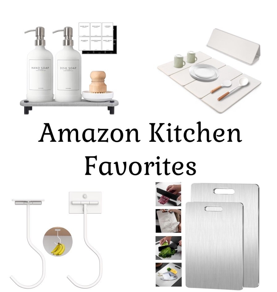 Here are a few of our kitchen favorites! 
Best looking soap dispensers on a diatomaceous earth stand. A diatomaceous earth drying rack that keeps your counters dry. Banana hooks that stick under your cabinets and can fold up to be hidden. Stainless steel cutting boards that are easy to clean and rust resistance. 

#LTKHome #LTKSaleAlert #LTKGiftGuide