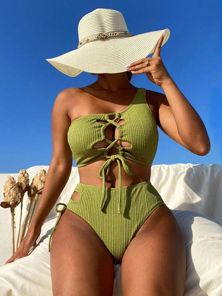Lace Up One Shoulder Bikini Swimsuit | SHEIN