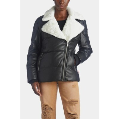 Levi’s Asymmetrical Vegan Leather Moto Puffer Jacket Faux Fur Trim | eBay US