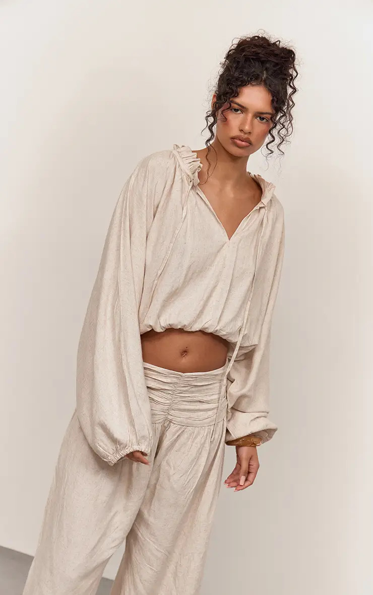 Beige Linen Collared Balloon Style Top | PrettyLittleThing US