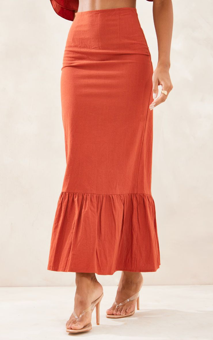 Rust Linen Look High Waist Split Hem Midi Skirt | PrettyLittleThing UK