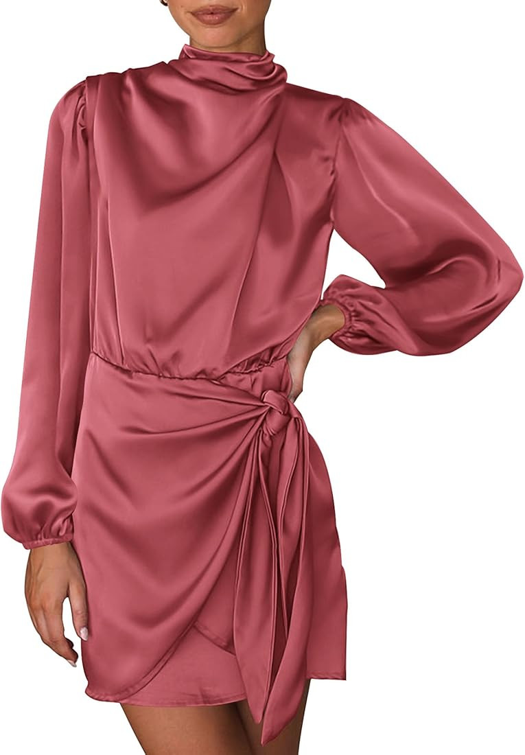 BTFBM Women's Long Sleeve Satin Dress 2023 Summer Fall Mock Neck Ruched Tie Waist Silky Cocktail ... | Amazon (US)