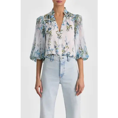 Alice + Olivia Ilan Floral Pleated Sleeve Button-Up Shirt in Fresh Air Carolina Blue at Nordstrom, Size Medium | Nordstrom
