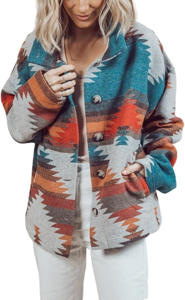 FindThy Women’s Aztec Print Jacket Retro Lapel Button Pocketed Tribal Shirt Jackets Shacket | Amazon (US)