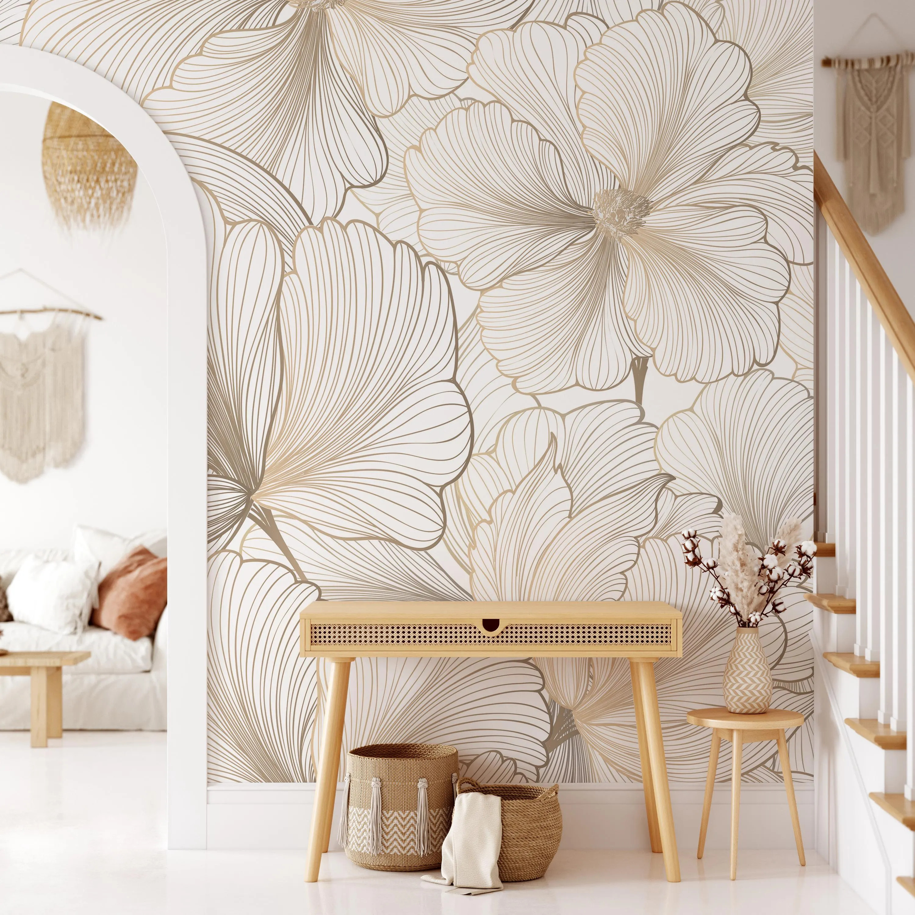 Minimalist Floral Wallpaper - Peel and Stick - Removable Wallpaper - Line Art Gold Wall Mural - White Gold Effect Wallpaper | Etsy (Global)