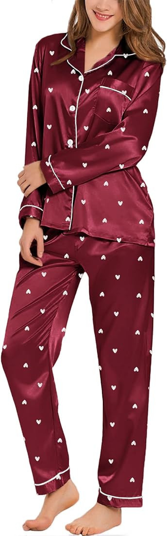 SWOMOG Womens Silk Satin Pajamas Loungewear Two-piece Sleepwear Button-Down Pj Set | Amazon (US)