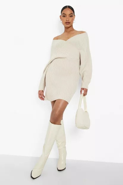 Off The Shoulder Rib Knitted Jumper Dress | Boohoo.com (UK & IE)