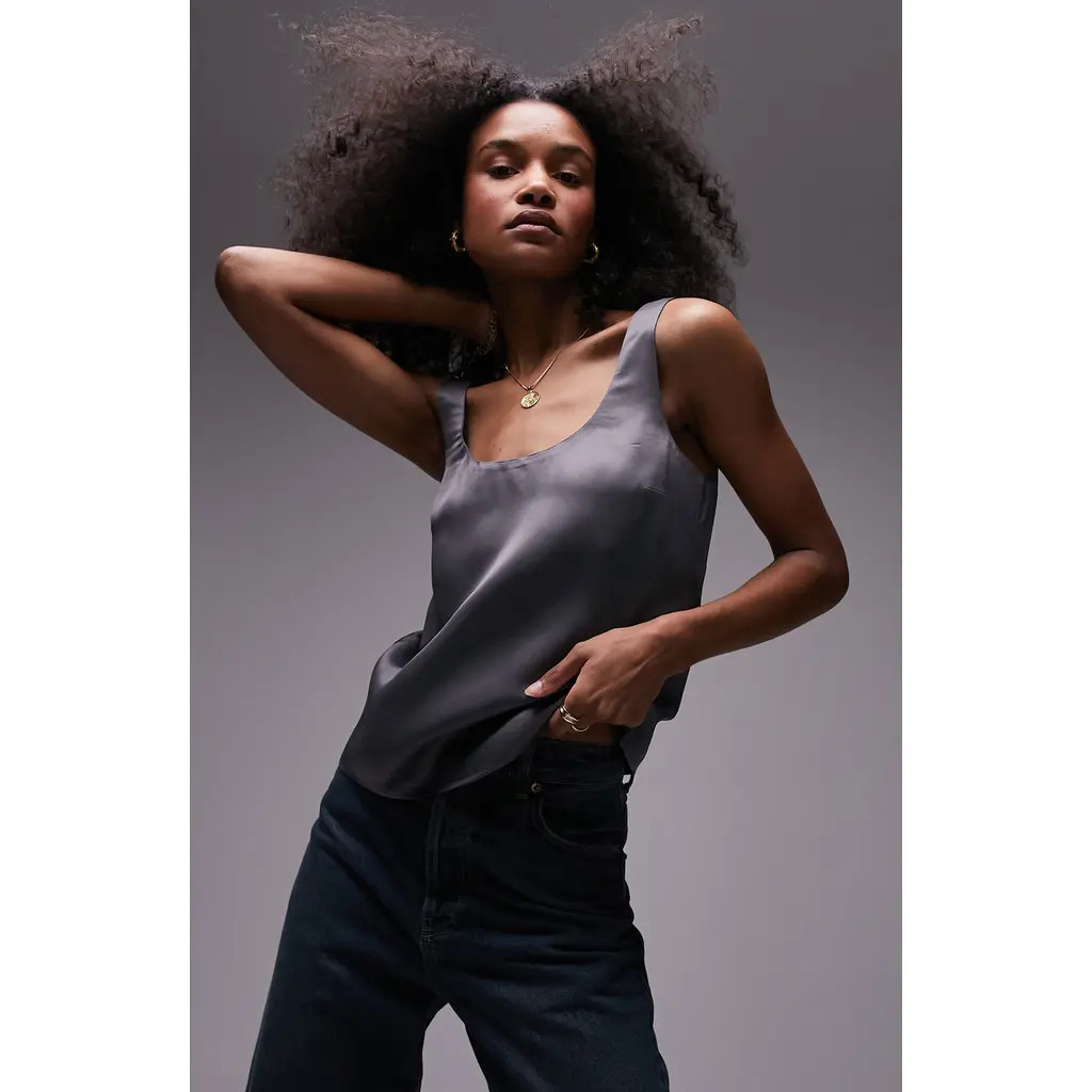 Topshop Scoop Neck Twill Tank Top in Grey at Nordstrom, Size 2 Us | Nordstrom