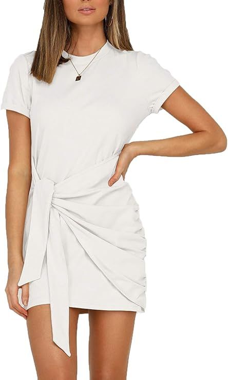 LETSRUNWILD Women's Summer T-Shirt Dress Short Sleeve Bodycon Ruched Tie Waist Solid Color Basic ... | Amazon (US)