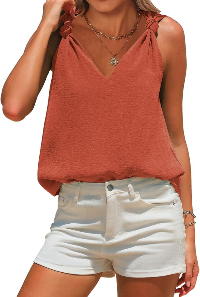 EXLURA Womens Summer Tank Tops Casual V Neck Knotted Sleeveless Cami Blouses Fashion Cute Shirts ... | Amazon (US)