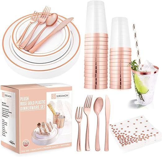 SIRSIMON 250 Piece Disposable Rose Gold Plastic Dinnerware Set - 50 Rose Gold Plastic Plates - 25... | Amazon (US)