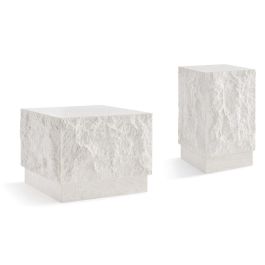 Onda Textured Stone Plinth Cube Side Table & Plinth Block Tall End Table - Moon Light Limestone | Eternity Modern