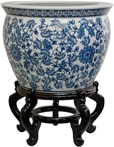 Oriental Furniture 16" Floral Blue & White Porcelain Fishbowl | Amazon (US)