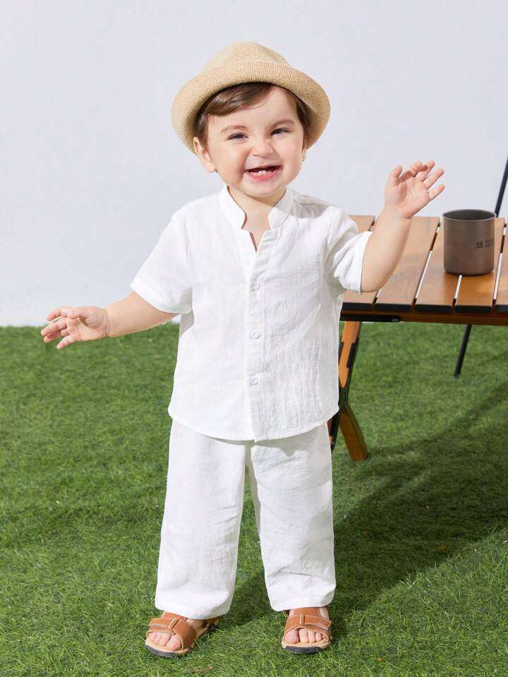 SHEIN Baby Boy Baby Girl Loose Casual Stand Collar Solid Color Short Sleeve Shirt And Pants Set, ... | SHEIN