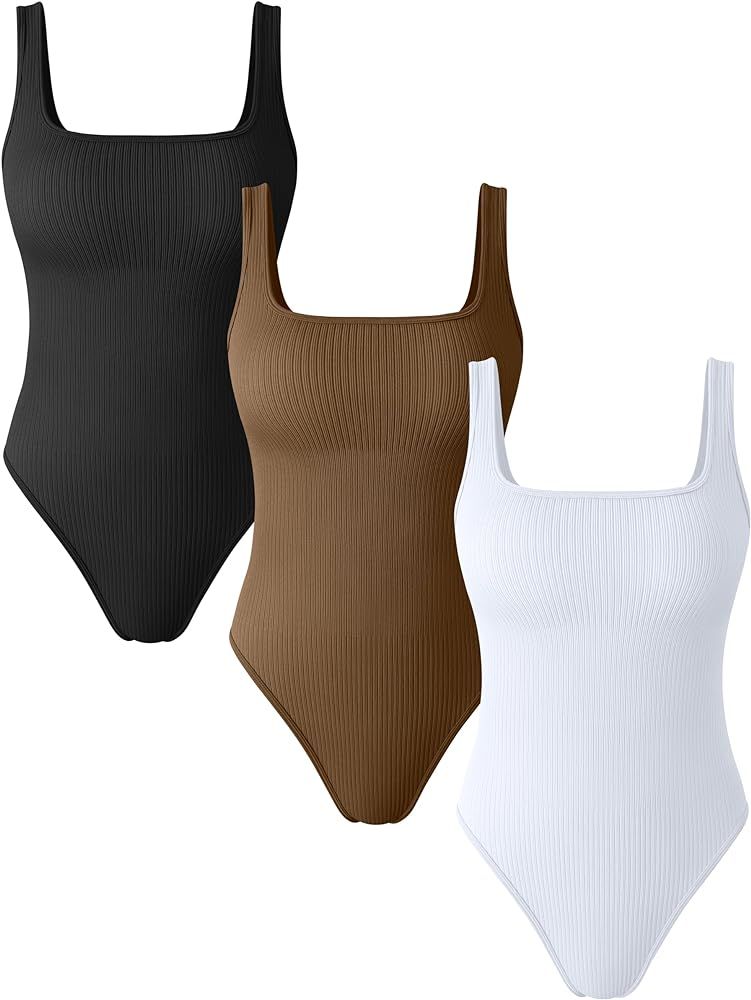 OQQ Women's 3 Piece Bodysuits Sexy Ribbed Square Neck Basic Stretch Tank Tops Bodysuits | Amazon (US)